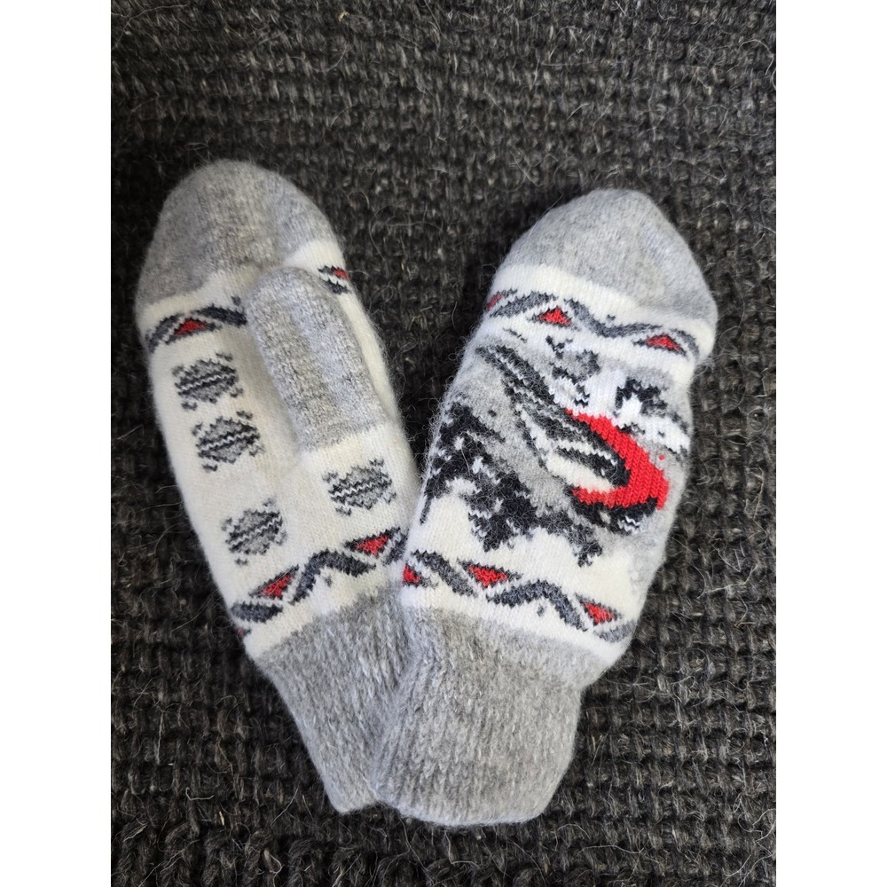 Handcrafted Goat Down Mittens Fair Isle Pattern Gray White Red Winter Warm